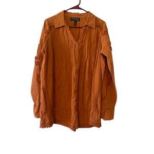 Gretty Zueger Pintuck Embroidered Pockets Western Burnt Orange Large Women Shirt